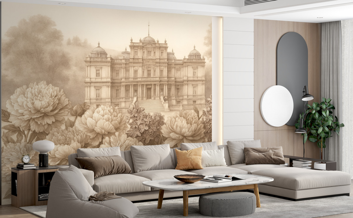 Fototapeta Królewski pałac z ogrodem peonii, w stylu akwareli, przyroda, beżowe odcienie, boho.