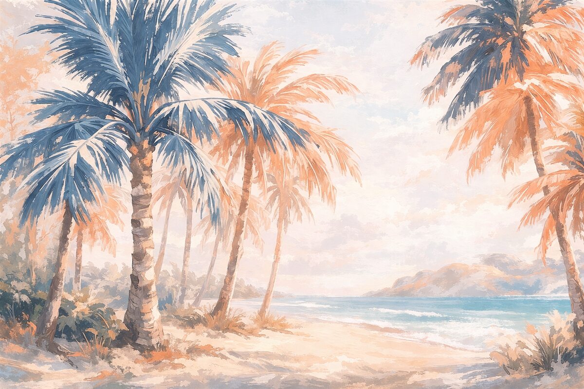 Fototapeta Abstrakcyjne palmy w odcieniach niebieskiego i beżowego.