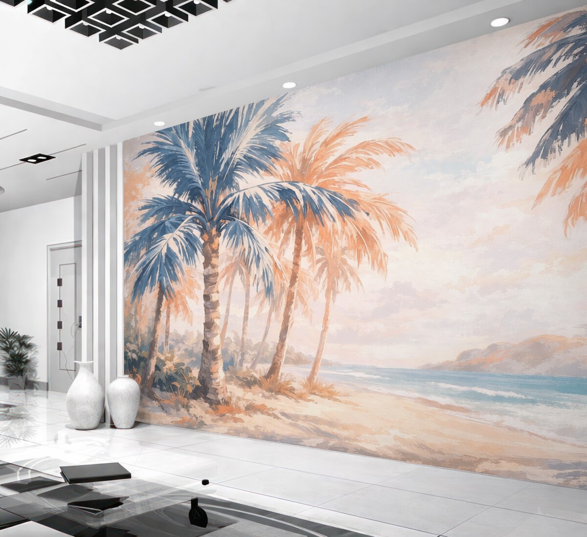 Fototapeta Abstrakcyjne palmy w odcieniach niebieskiego i beżowego.