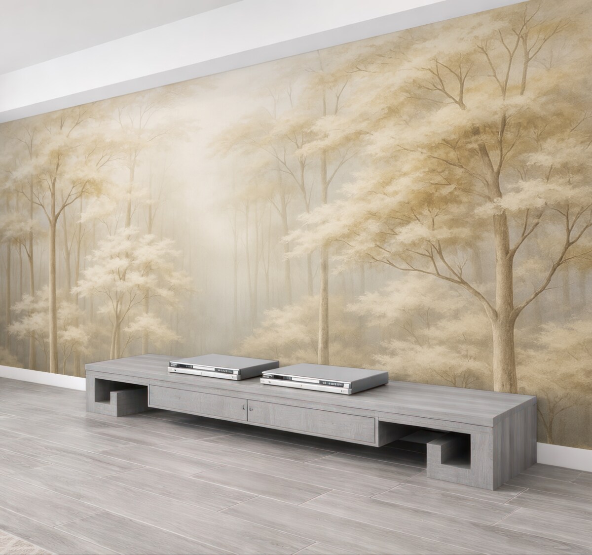 Fototapeta Mglisty gaj z uroczymi, subtelnymi drzewami.