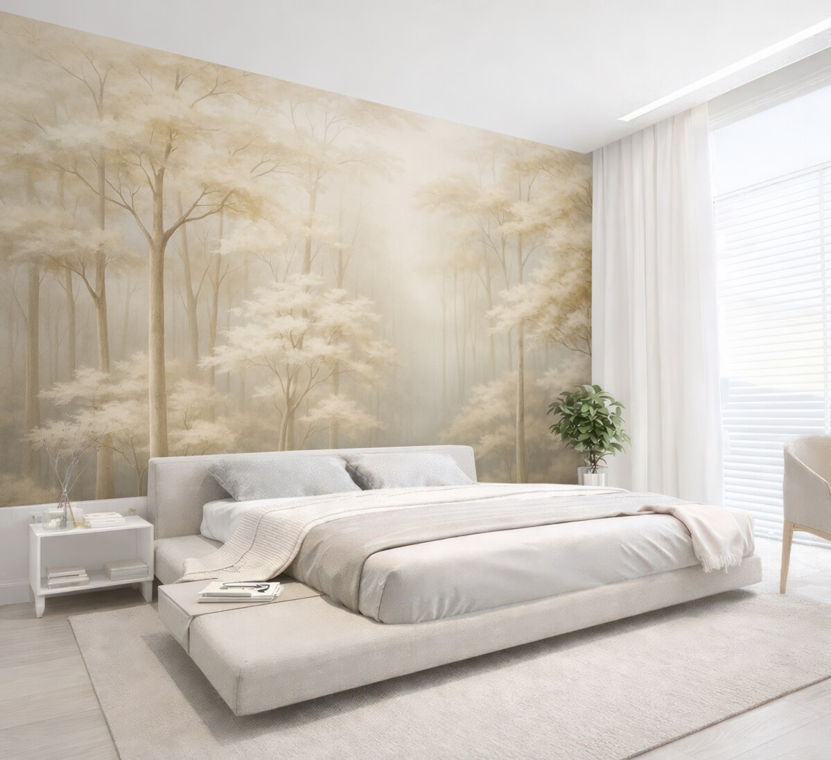 Fototapeta Mglisty gaj z uroczymi, subtelnymi drzewami.