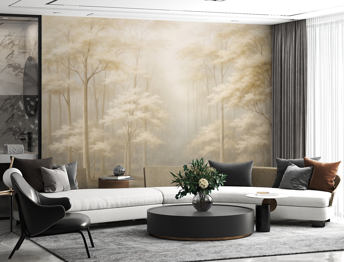 Fototapeta Mglisty gaj z uroczymi, subtelnymi drzewami.