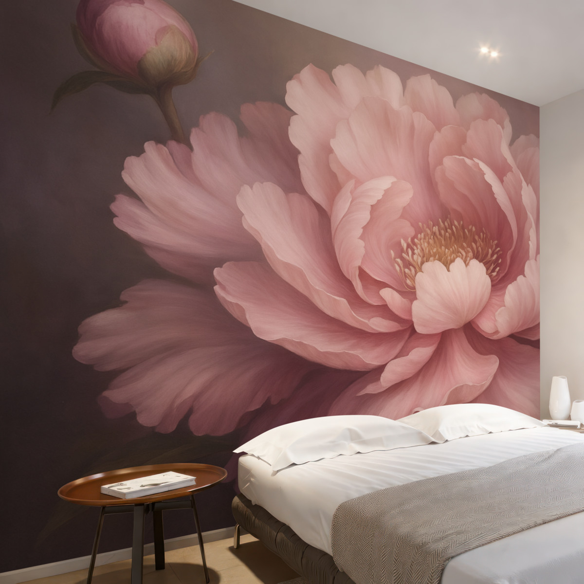 Fototapeta Pastelowo różowy kwiat piwonii na zamglonym tle.