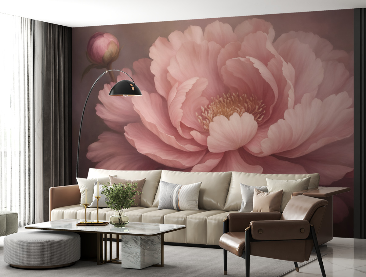 Fototapeta Pastelowo różowy kwiat piwonii na zamglonym tle.