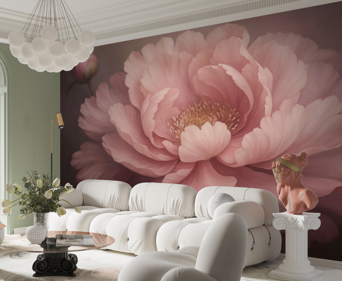 Fototapeta Pastelowo różowy kwiat piwonii na zamglonym tle.