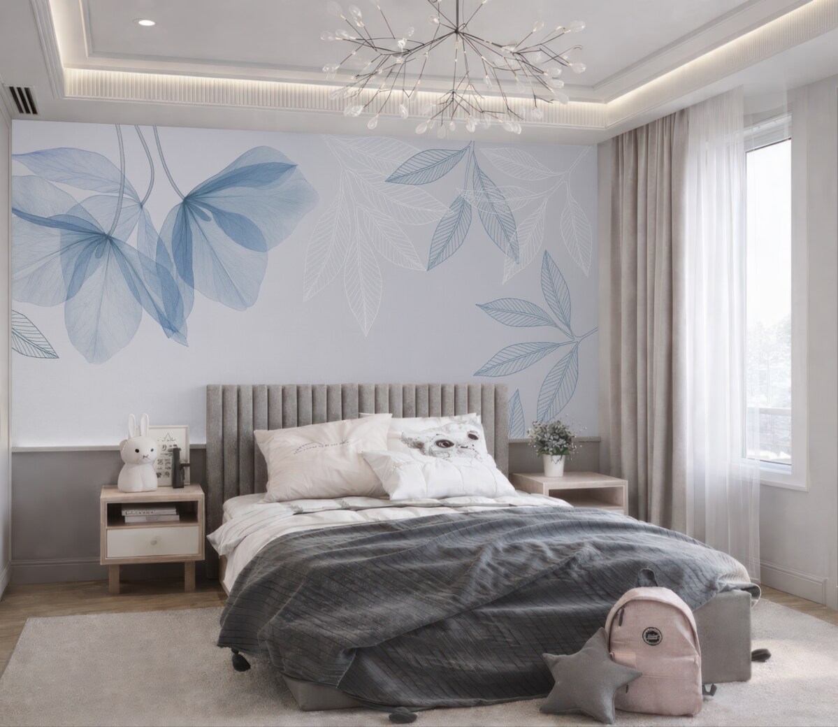 Fototapeta Subtelne półprzezroczyste kwiaty i liście w kolorach niebieskich.