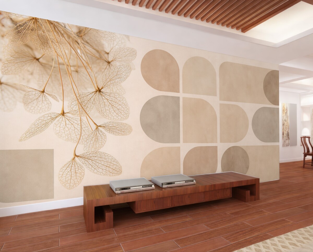 Fototapeta geometria oraz suszone kwiaty z nitkami w odcieniach beżowych