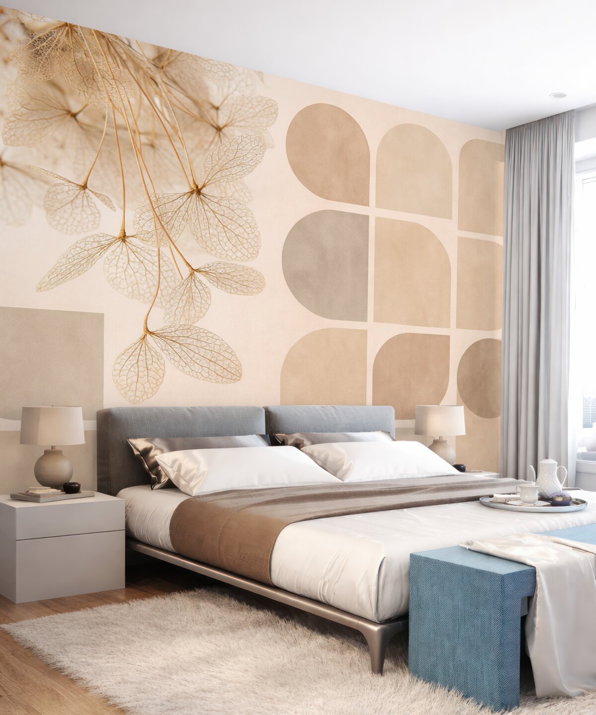 Fototapeta geometria oraz suszone kwiaty z nitkami w odcieniach beżowych