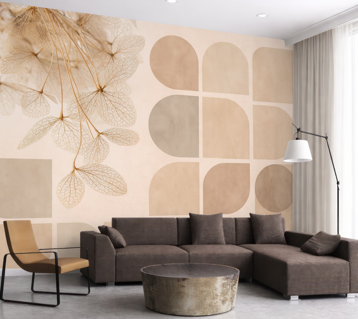 Fototapeta geometria oraz suszone kwiaty z nitkami w odcieniach beżowych