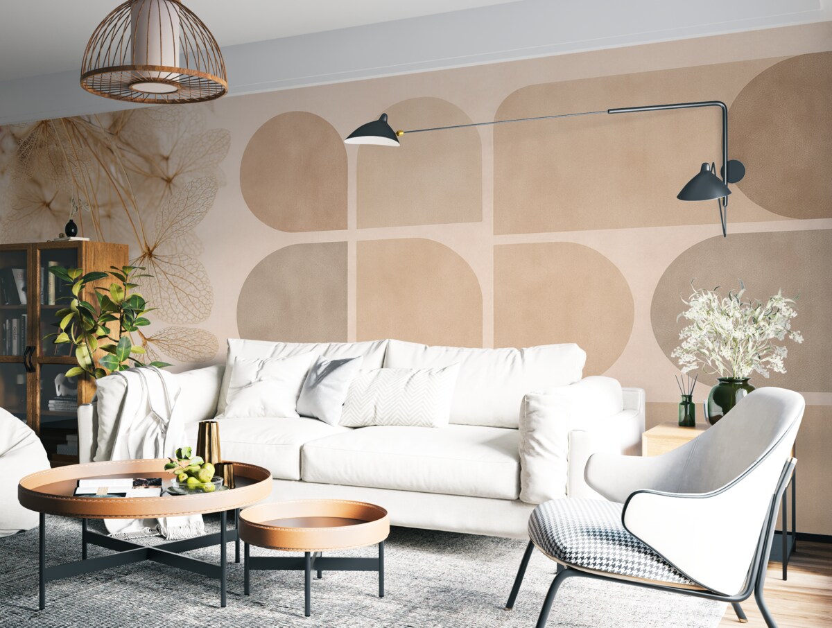 Fototapeta geometria oraz suszone kwiaty z nitkami w odcieniach beżowych