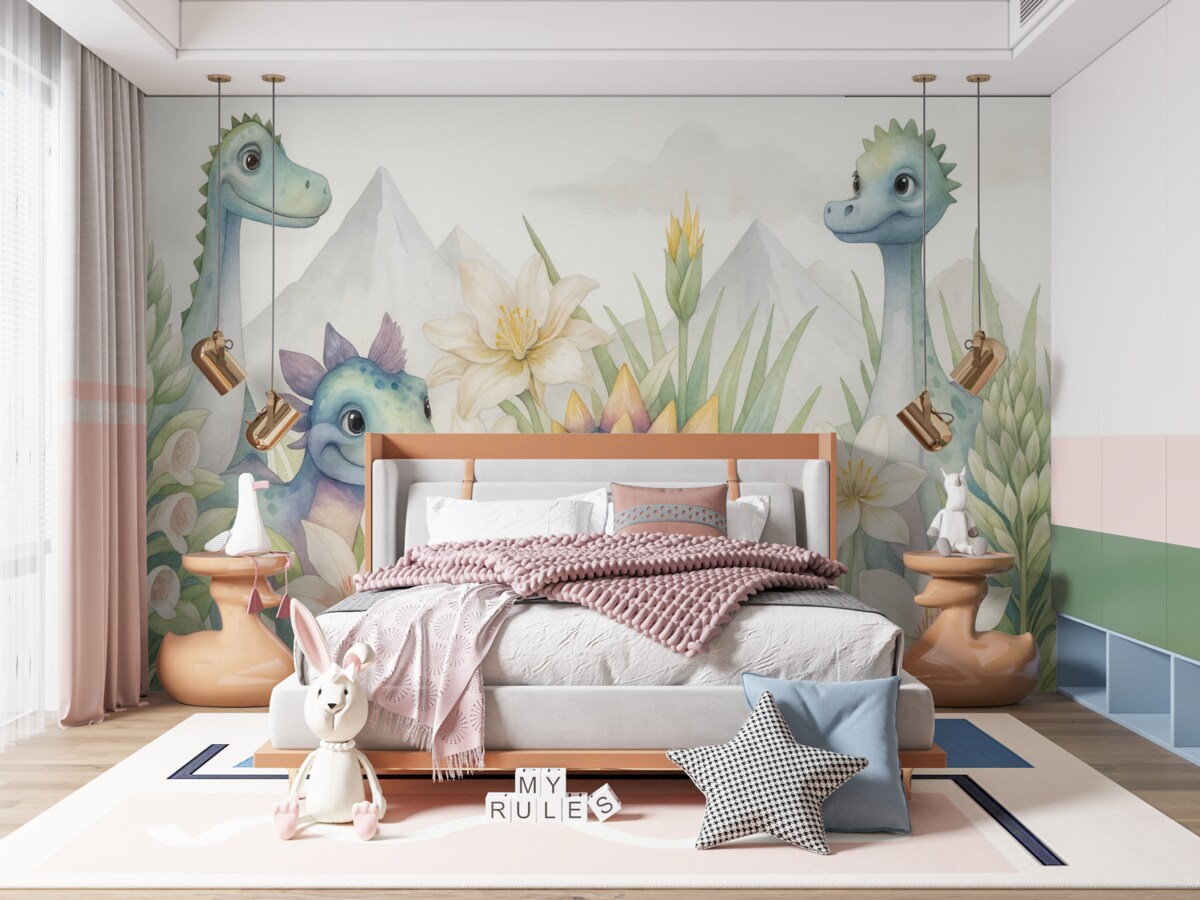 Fototapeta Dinozaury w tropikach stylizowane na akwareli.