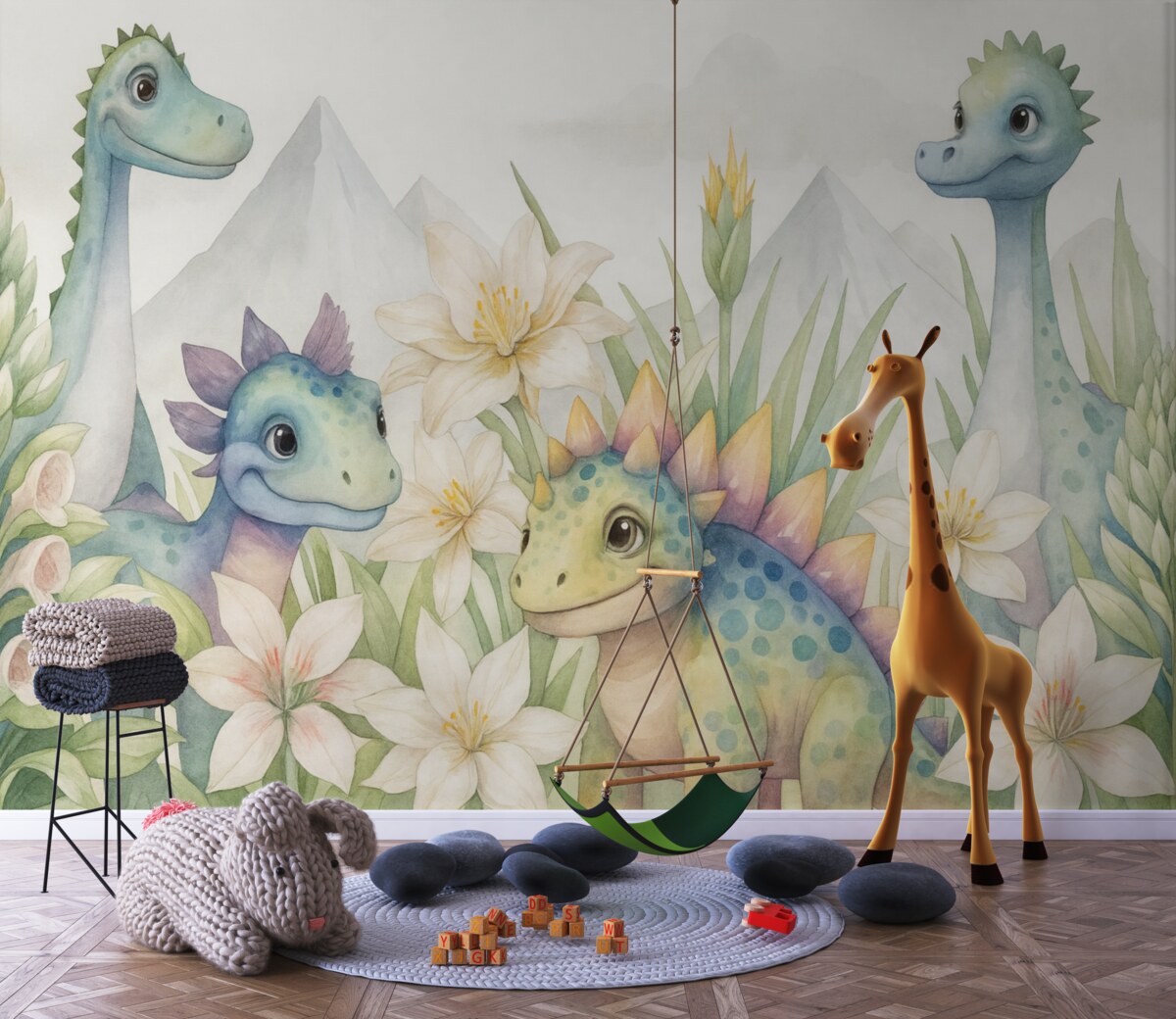 Fototapeta Dinozaury w tropikach stylizowane na akwareli.