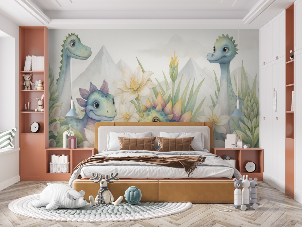 Fototapeta Dinozaury w tropikach stylizowane na akwareli.