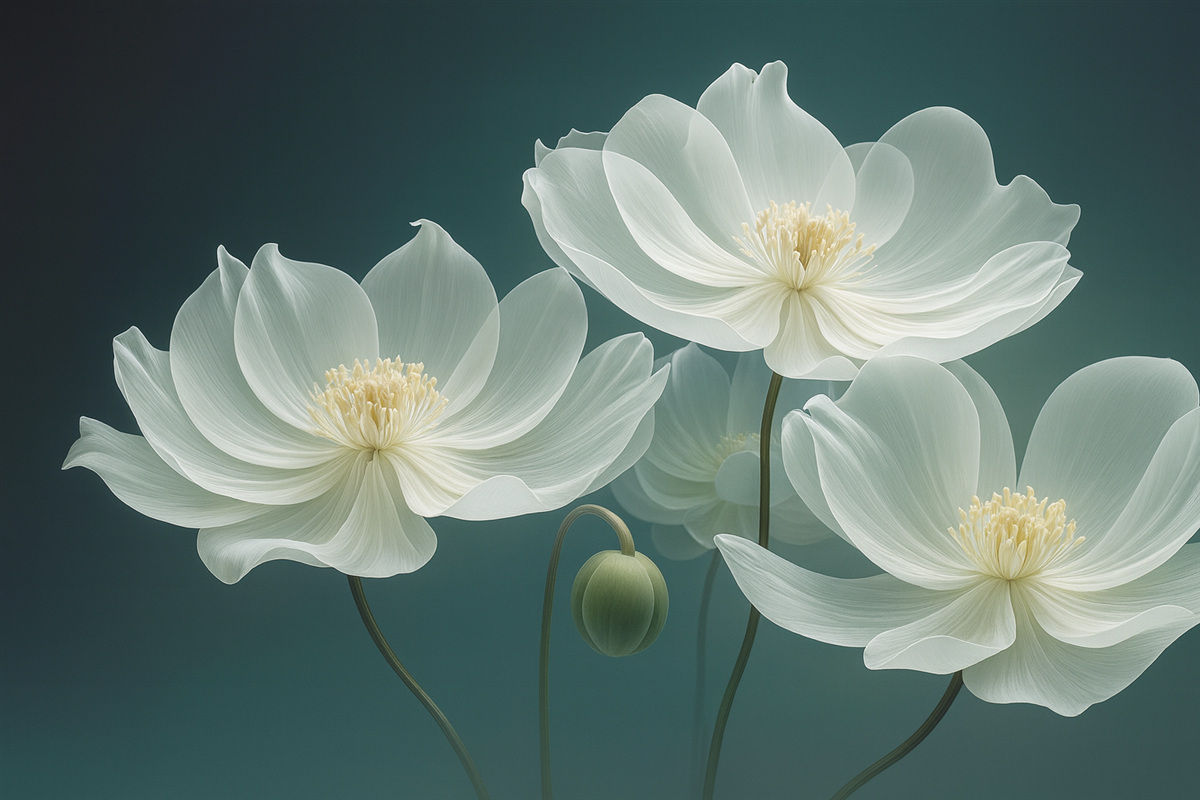 Fototapeta Białe, subtelne kwiaty z przezroczystymi płatkami.