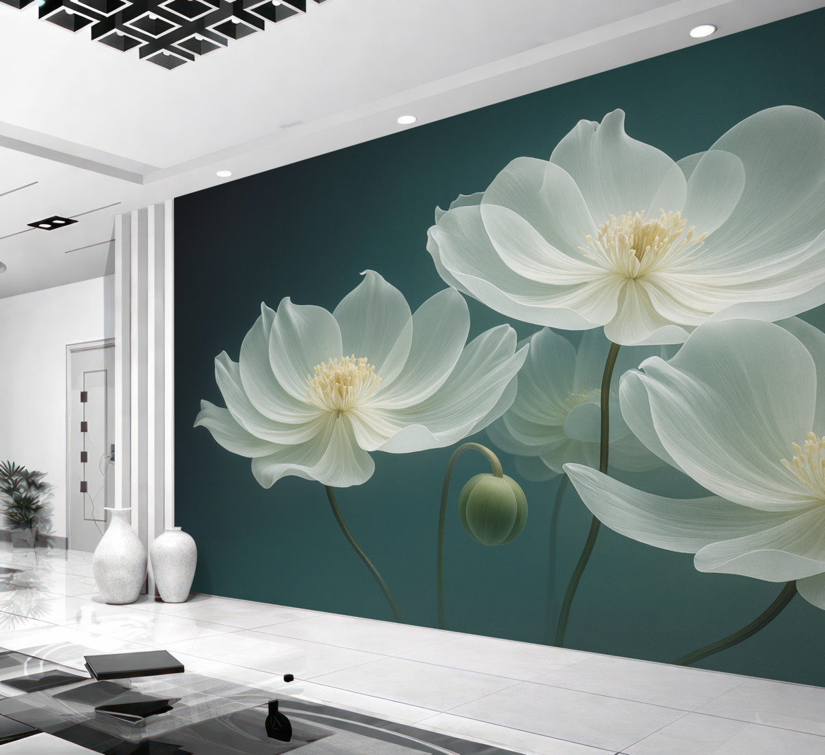 Fototapeta Białe, subtelne kwiaty z przezroczystymi płatkami.