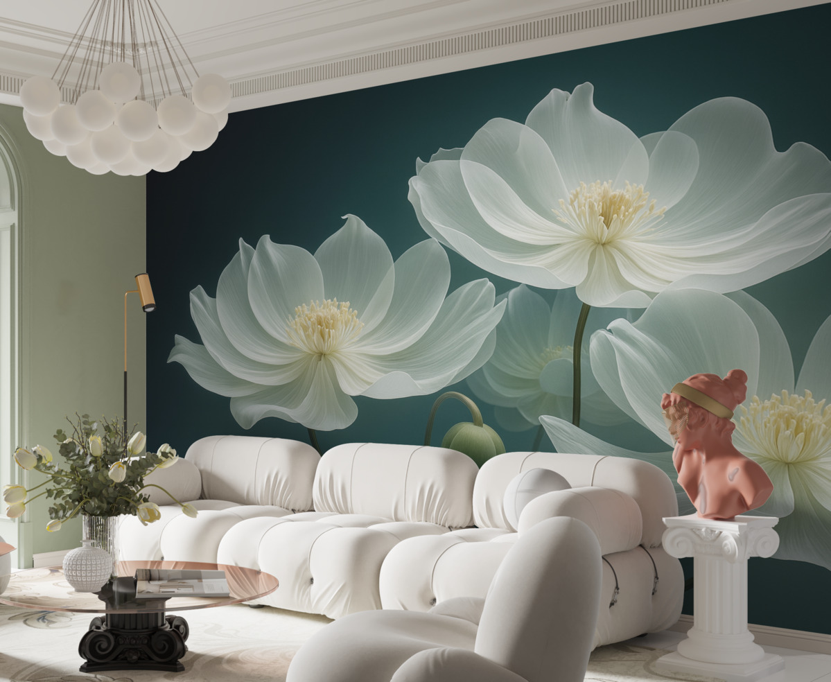 Fototapeta Białe, subtelne kwiaty z przezroczystymi płatkami.