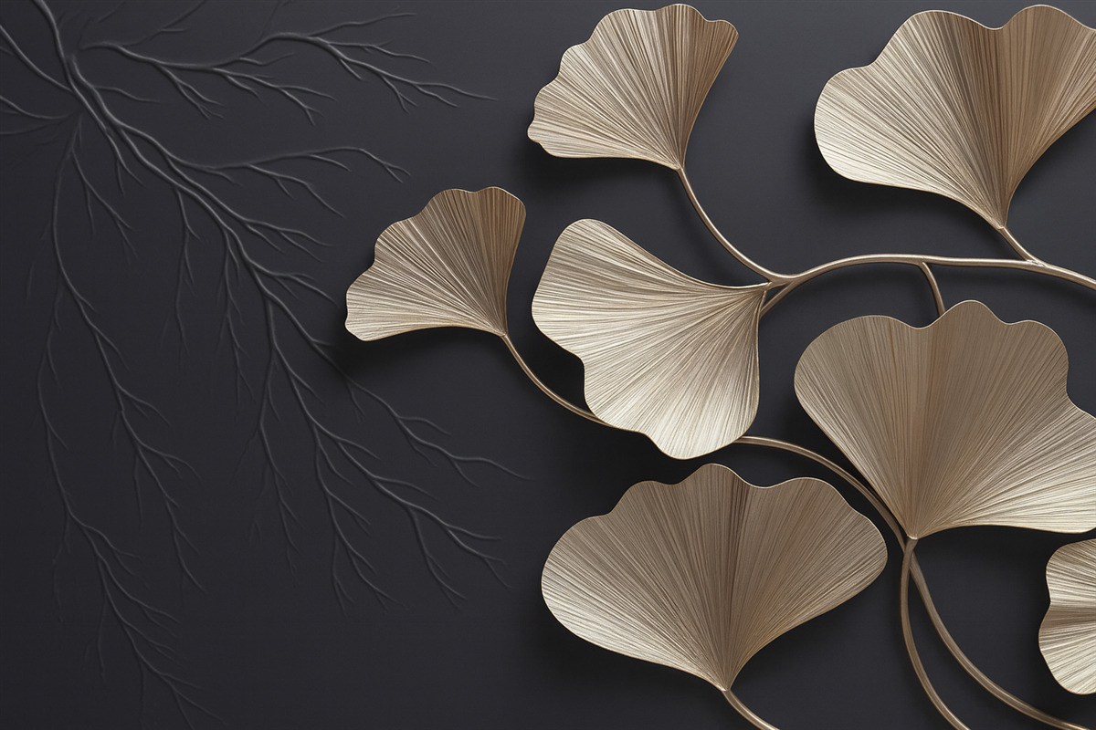 Fototapeta Wolumetryczne liście na mrocznej ścianie z konarami.