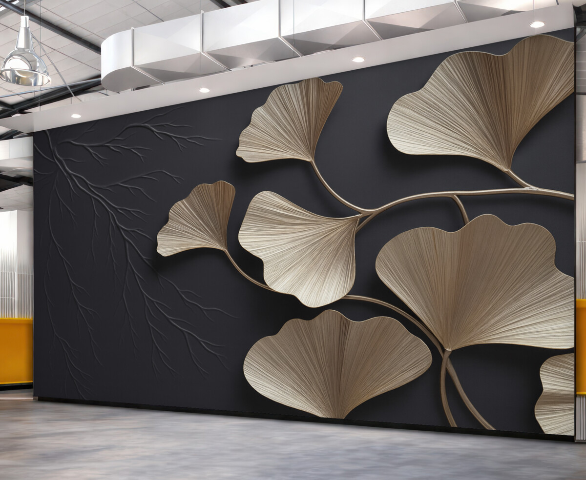 Fototapeta Wolumetryczne liście na mrocznej ścianie z konarami.