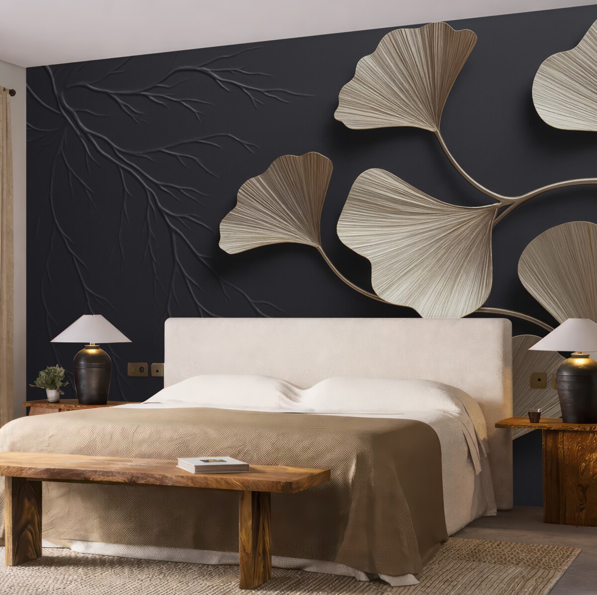 Fototapeta Wolumetryczne liście na mrocznej ścianie z konarami.