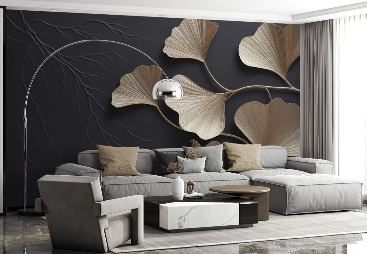 Fototapeta Wolumetryczne liście na mrocznej ścianie z konarami.