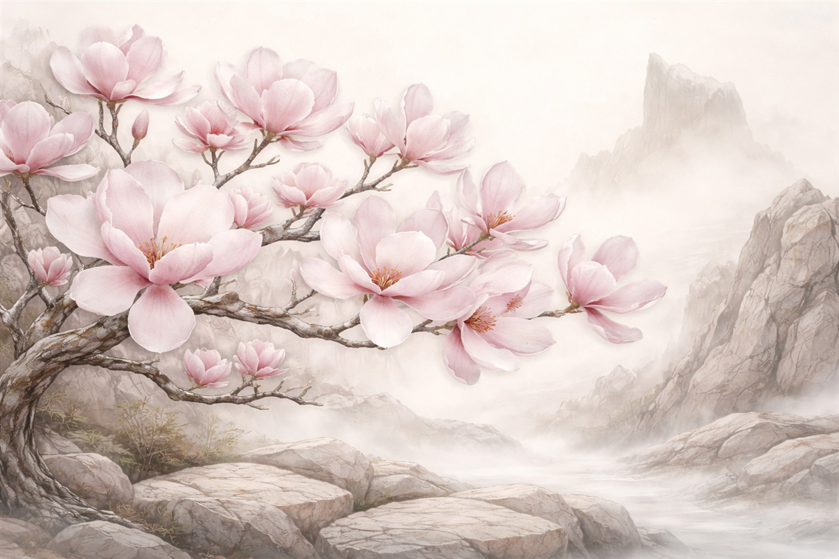 Fototapeta Akwarelowa łodyga magnolii nad kamieniem.