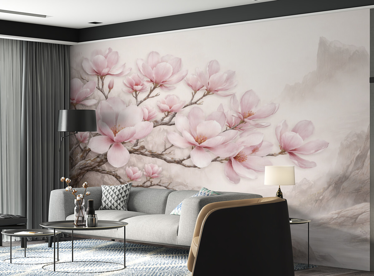 Fototapeta Akwarelowa łodyga magnolii nad kamieniem.