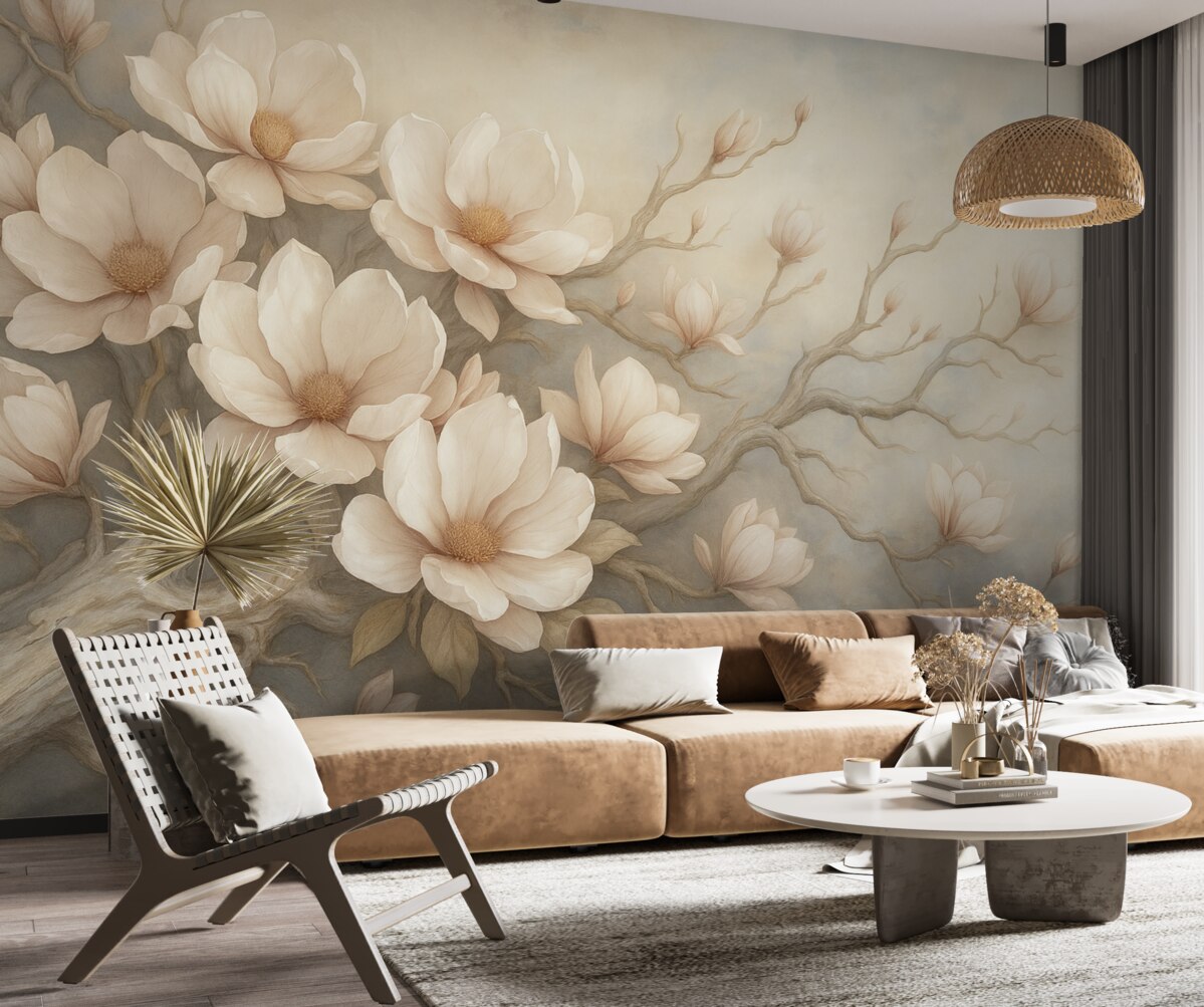 Fototapeta Subtelne drzewo magnolii namalowane farbami wodnymi.