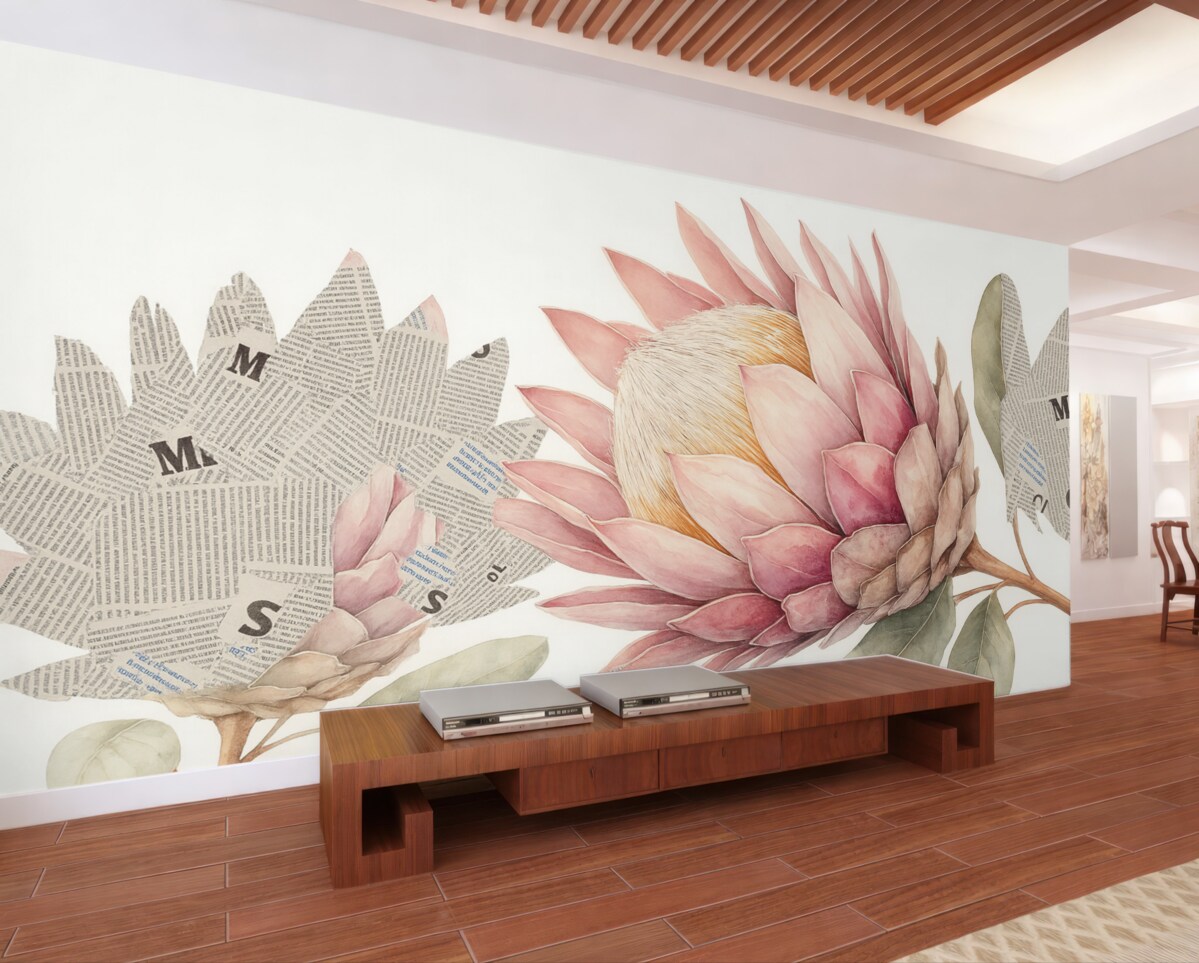 Fototapeta Kwiaty protea, sztuka z papieru, kwiatowy, tropikalny, naturalne odcienie.