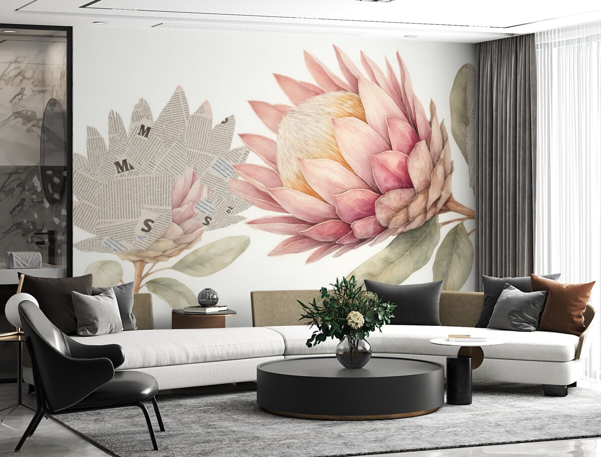 Fototapeta Kwiaty protea, sztuka z papieru, kwiatowy, tropikalny, naturalne odcienie.