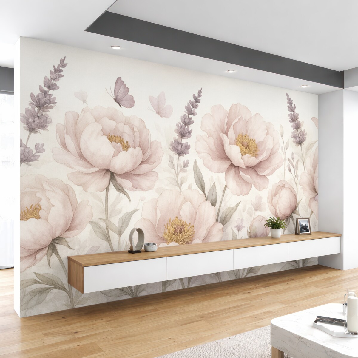 Fototapeta Kwiecista łąka, piwonie, lawenda, motyle, styl malarski, różowe odcienie.