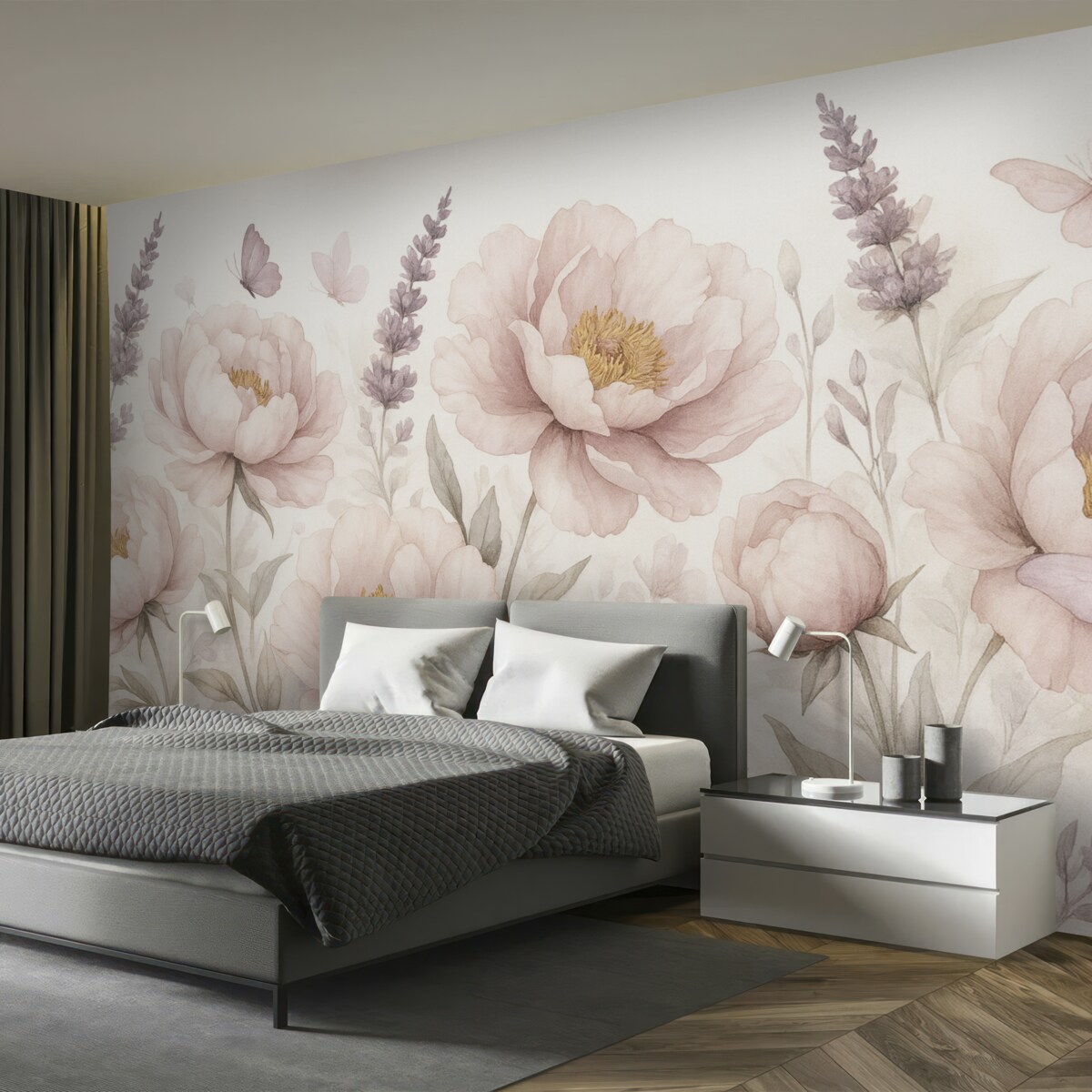 Fototapeta Kwiecista łąka, piwonie, lawenda, motyle, styl malarski, różowe odcienie.