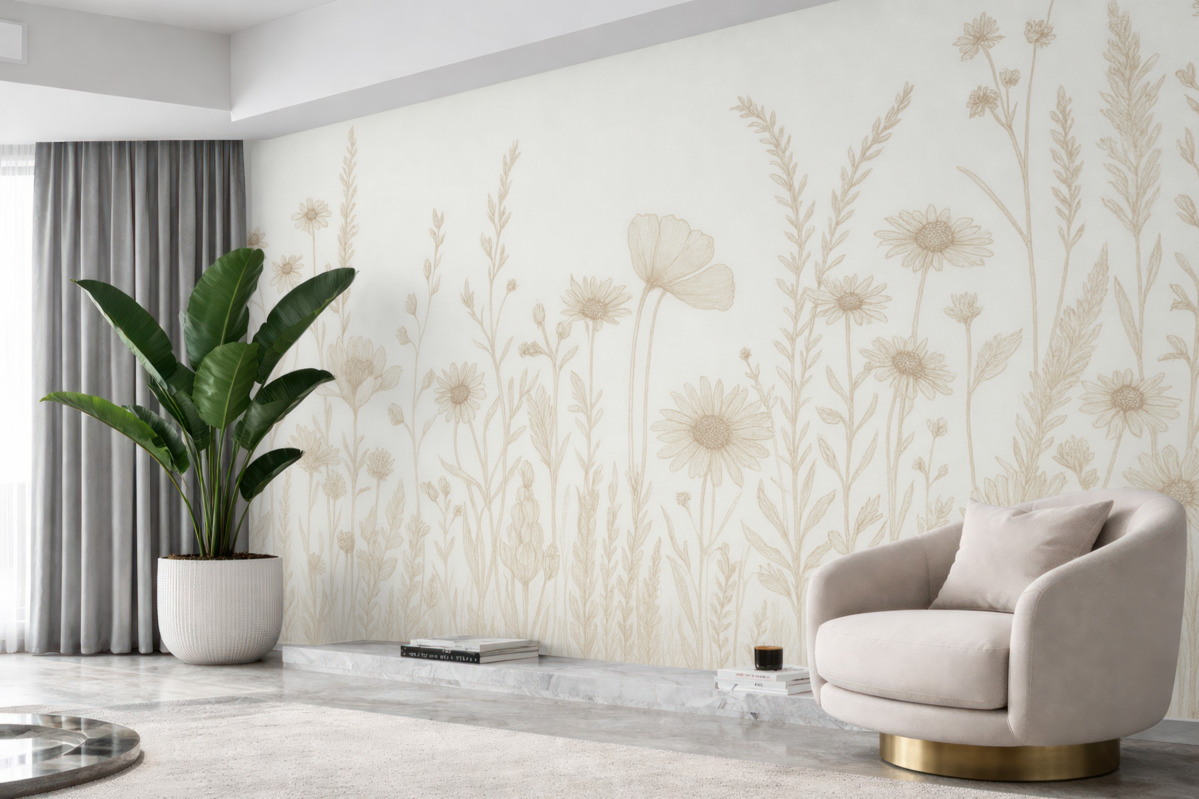 Fototapeta Letnia łąka, wiejski styl, kwiaty, beżowa gama kolorów.