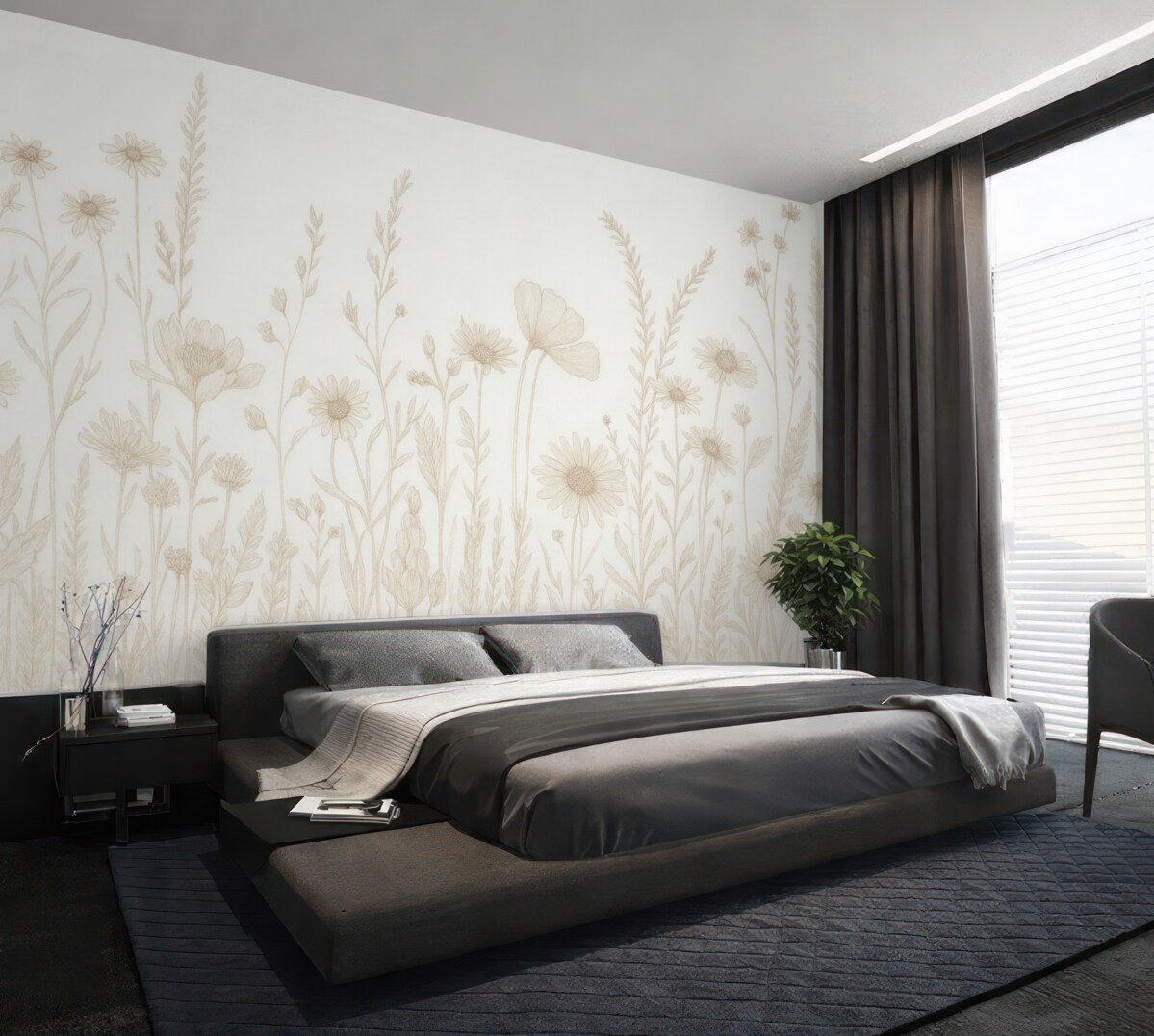 Fototapeta Letnia łąka, wiejski styl, kwiaty, beżowa gama kolorów.