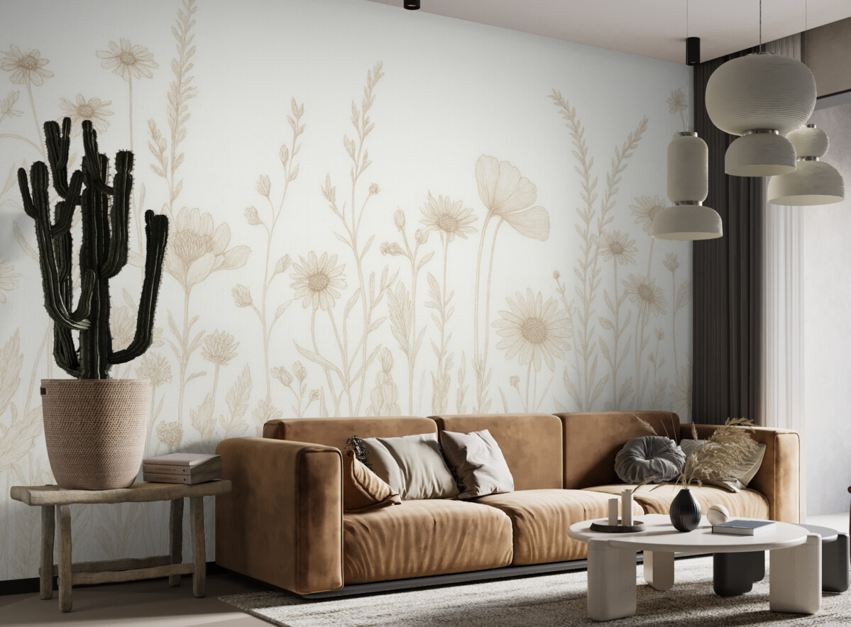 Fototapeta Letnia łąka, wiejski styl, kwiaty, beżowa gama kolorów.