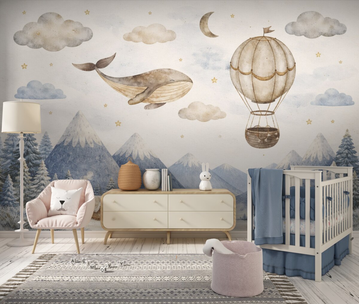 Fototapeta Balon, uroczy wales, rozgwieżdżone niebo, szczyty, akwarela, odcienie niebieskiego i beżowego.