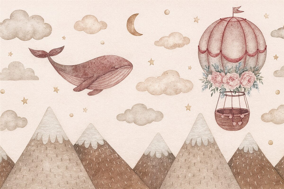 Fototapeta Urokliwy wieloryb z balonikiem, niebo z obłokami, szczyty gór, technika akwareli, różowe odcienie.