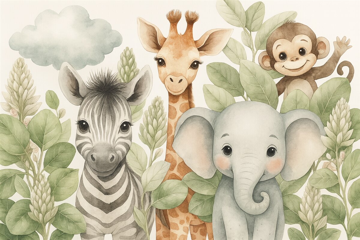 Fototapeta Żyrafa, zebra, słoń oraz małpa wśród listowia.