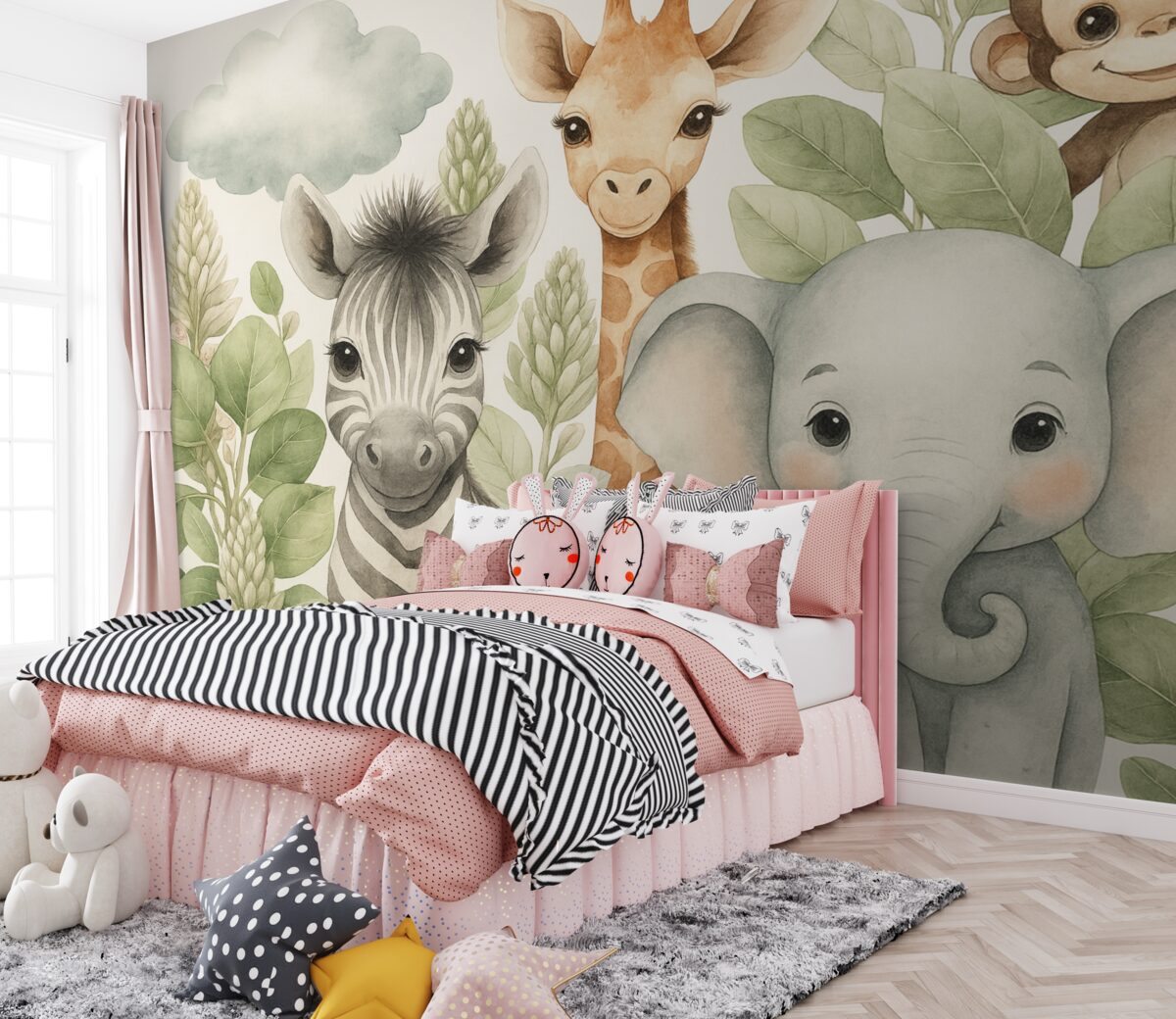 Fototapeta Żyrafa, zebra, słoń oraz małpa wśród listowia.