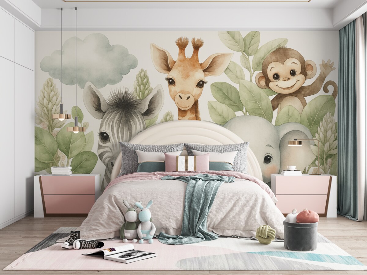 Fototapeta Żyrafa, zebra, słoń oraz małpa wśród listowia.