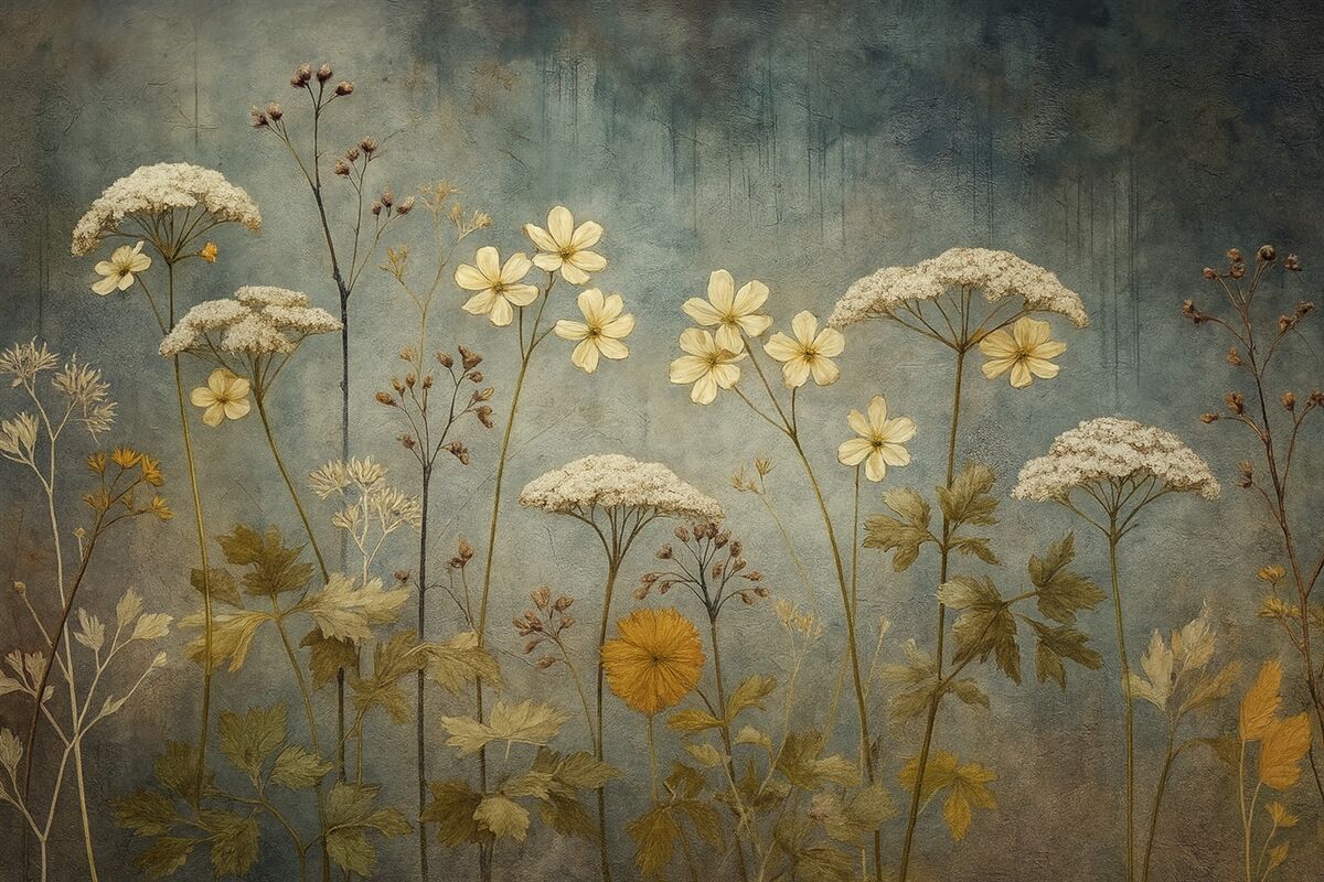 Fototapeta Naturalne kwiaty i trawy na tle ściany w stylu grunge.