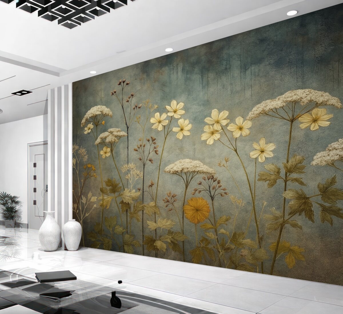 Fototapeta Naturalne kwiaty i trawy na tle ściany w stylu grunge.