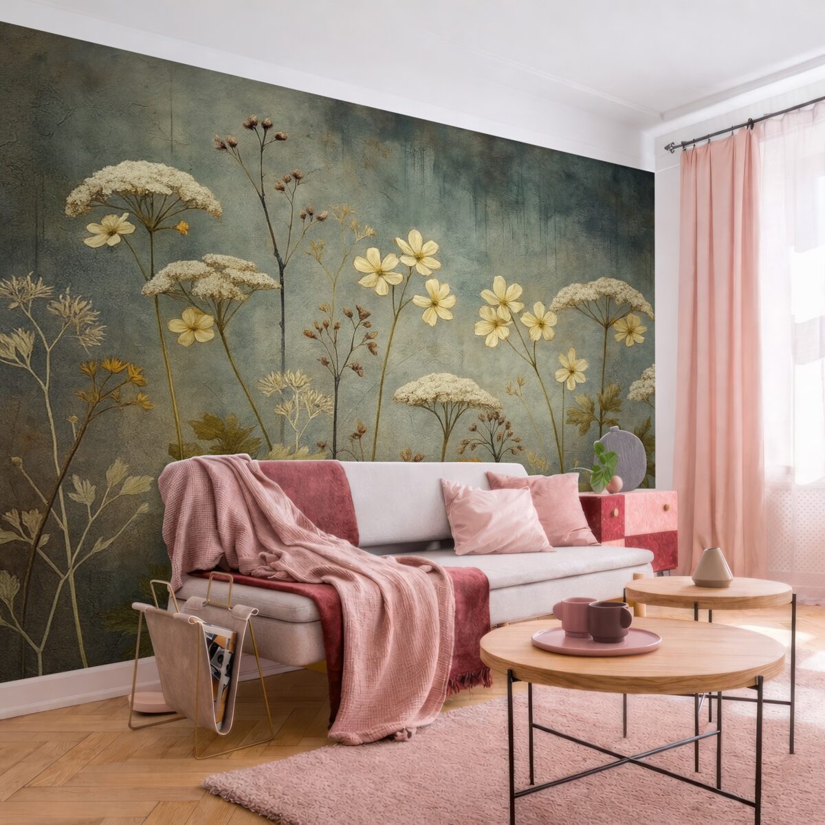 Fototapeta Naturalne kwiaty i trawy na tle ściany w stylu grunge.