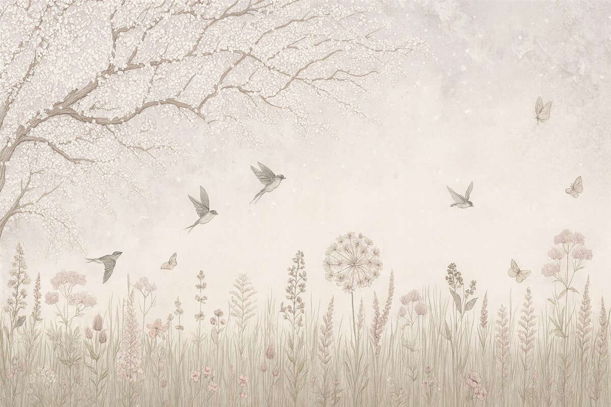 Fototapeta Rozkwitające drzewo z łąkowymi kwiatami i ptakami.