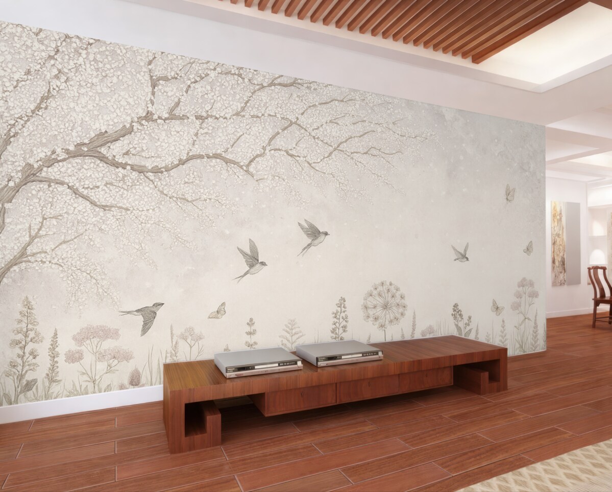 Fototapeta Rozkwitające drzewo z łąkowymi kwiatami i ptakami.