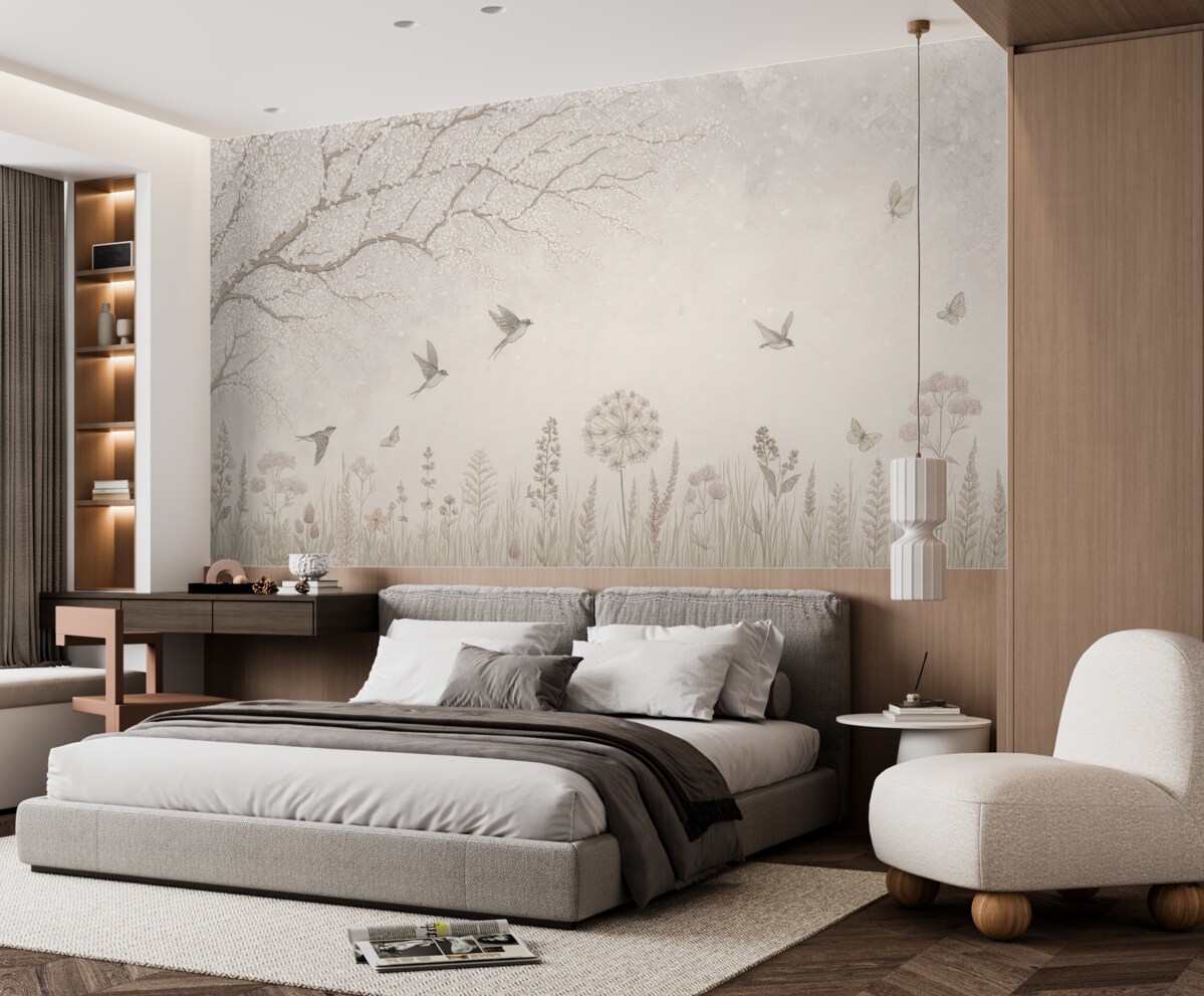 Fototapeta Rozkwitające drzewo z łąkowymi kwiatami i ptakami.