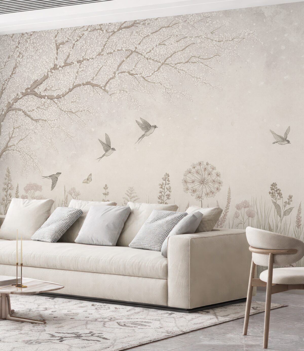 Fototapeta Rozkwitające drzewo z łąkowymi kwiatami i ptakami.