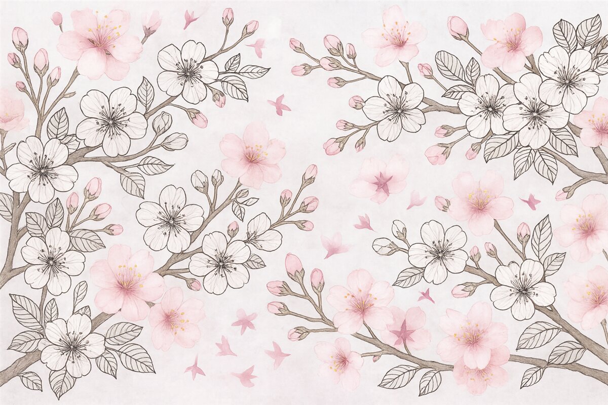 Fototapeta Ilustrowane i pokryte kolorami gałęzie Sakury.