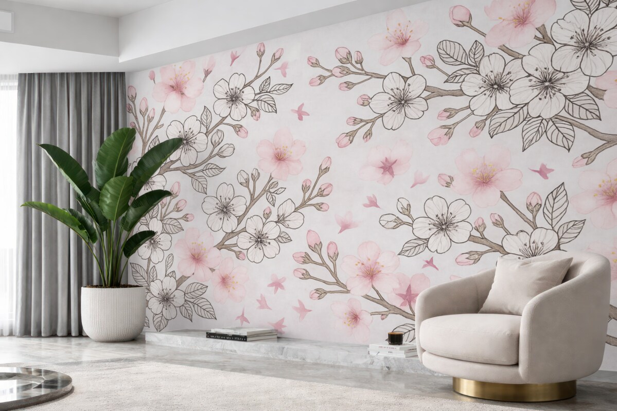 Fototapeta Ilustrowane i pokryte kolorami gałęzie Sakury.