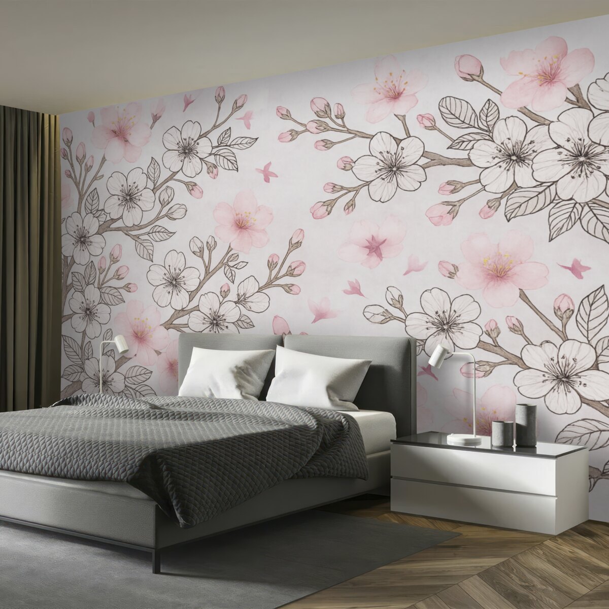 Fototapeta Ilustrowane i pokryte kolorami gałęzie Sakury.