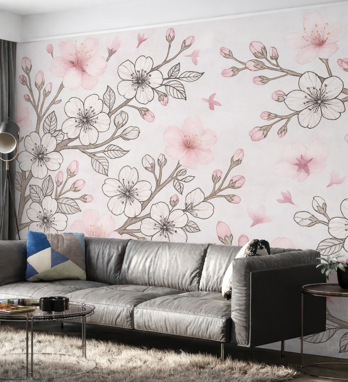 Fototapeta Ilustrowane i pokryte kolorami gałęzie Sakury.